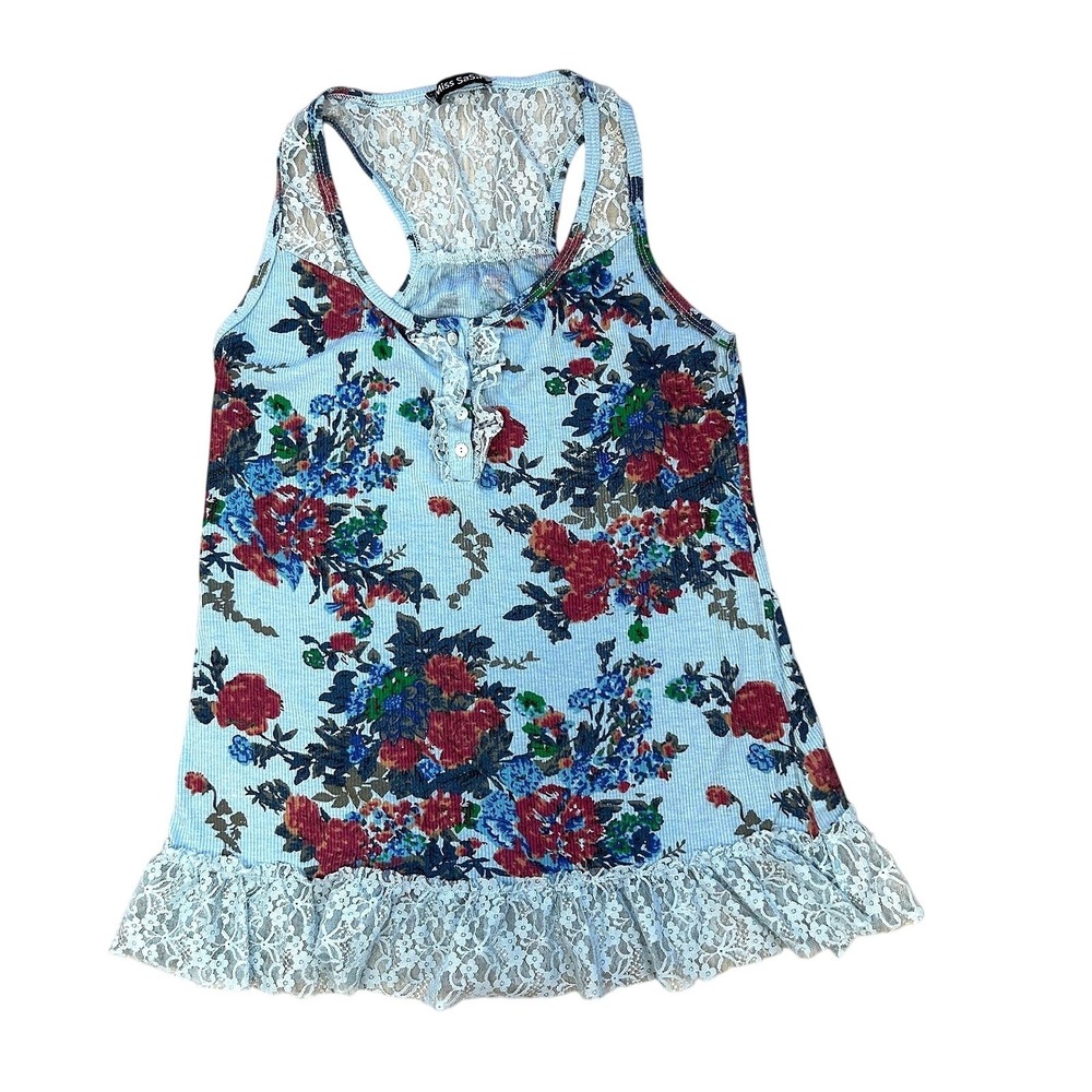 Miss SaSa Blue Floral Lace Trim Ribbed Cami Tank Top L Y2K Coquette Henley